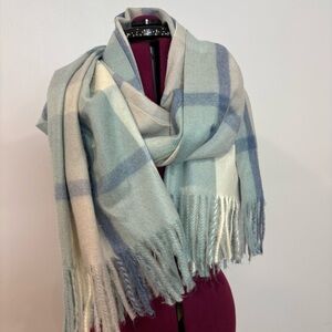 Pretty Persuasion Blue Plaid Fringe Throw Blanket - Blue and Cream 72” x 27”